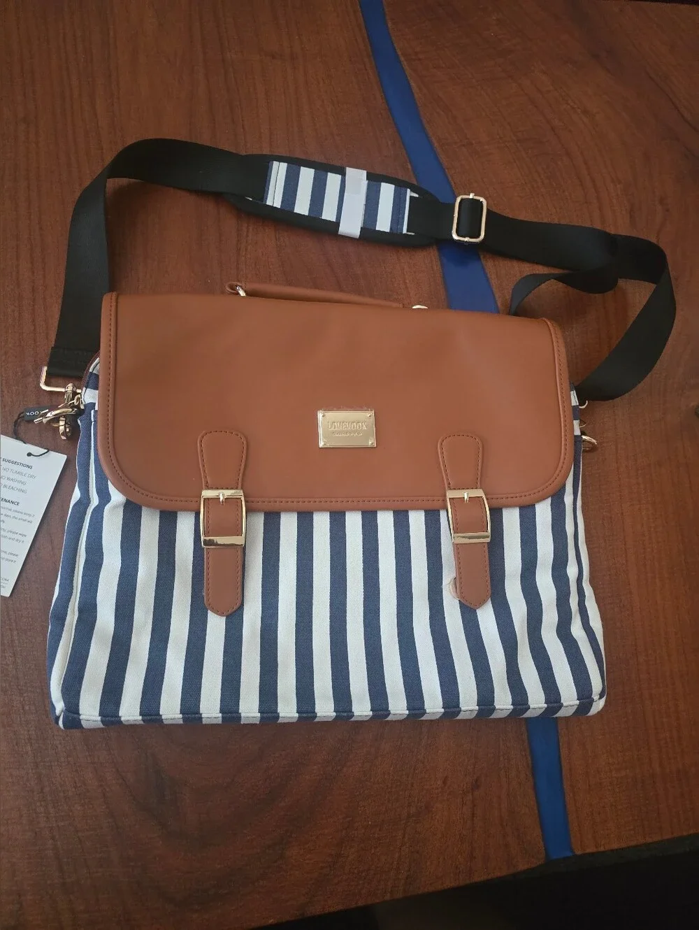 Lovevook Classic Striped Crossbody Bag - Brown, White & Navy